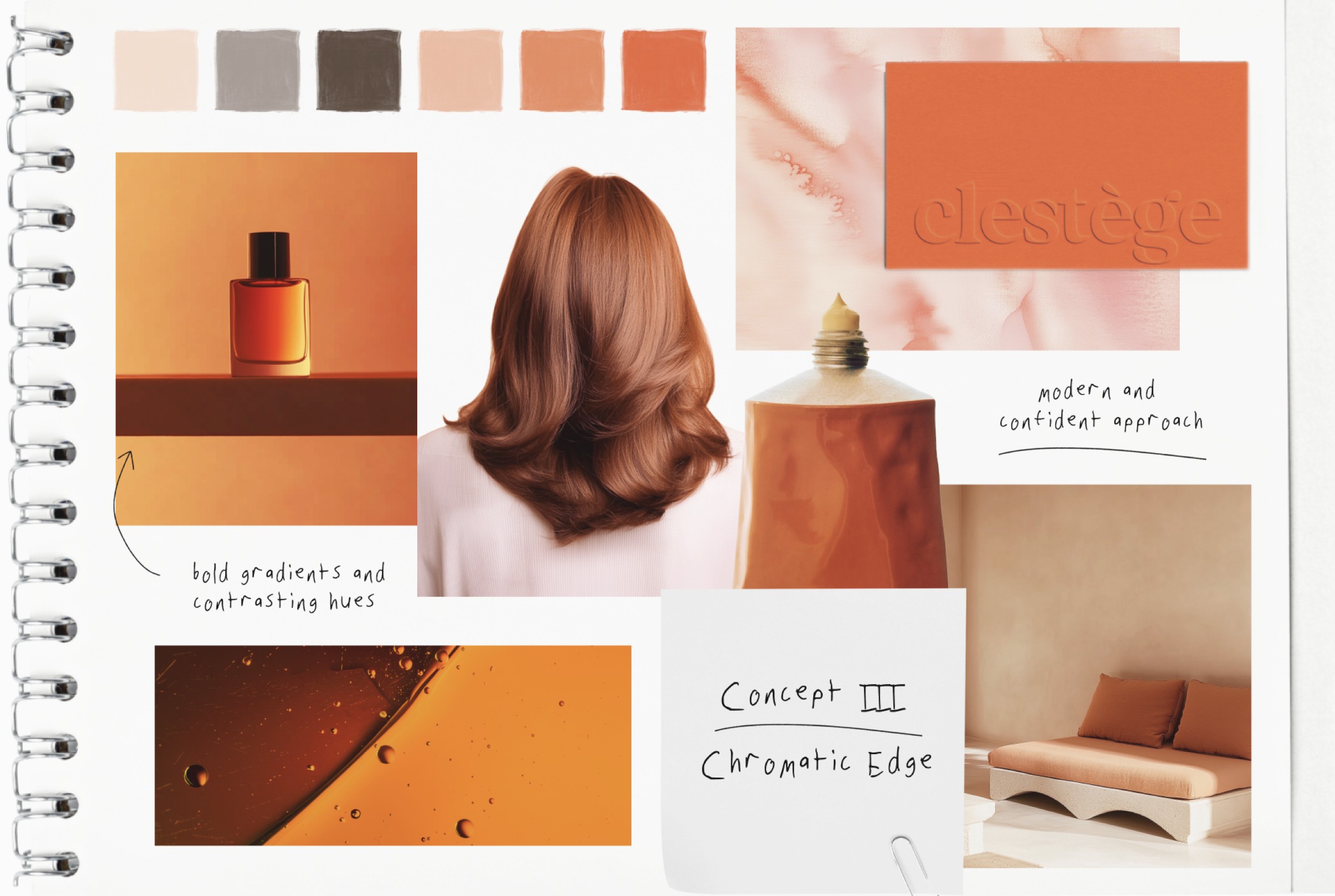 Concept III Chromatic Edge moodboard — bold orange and terracotta palette, modern and confident